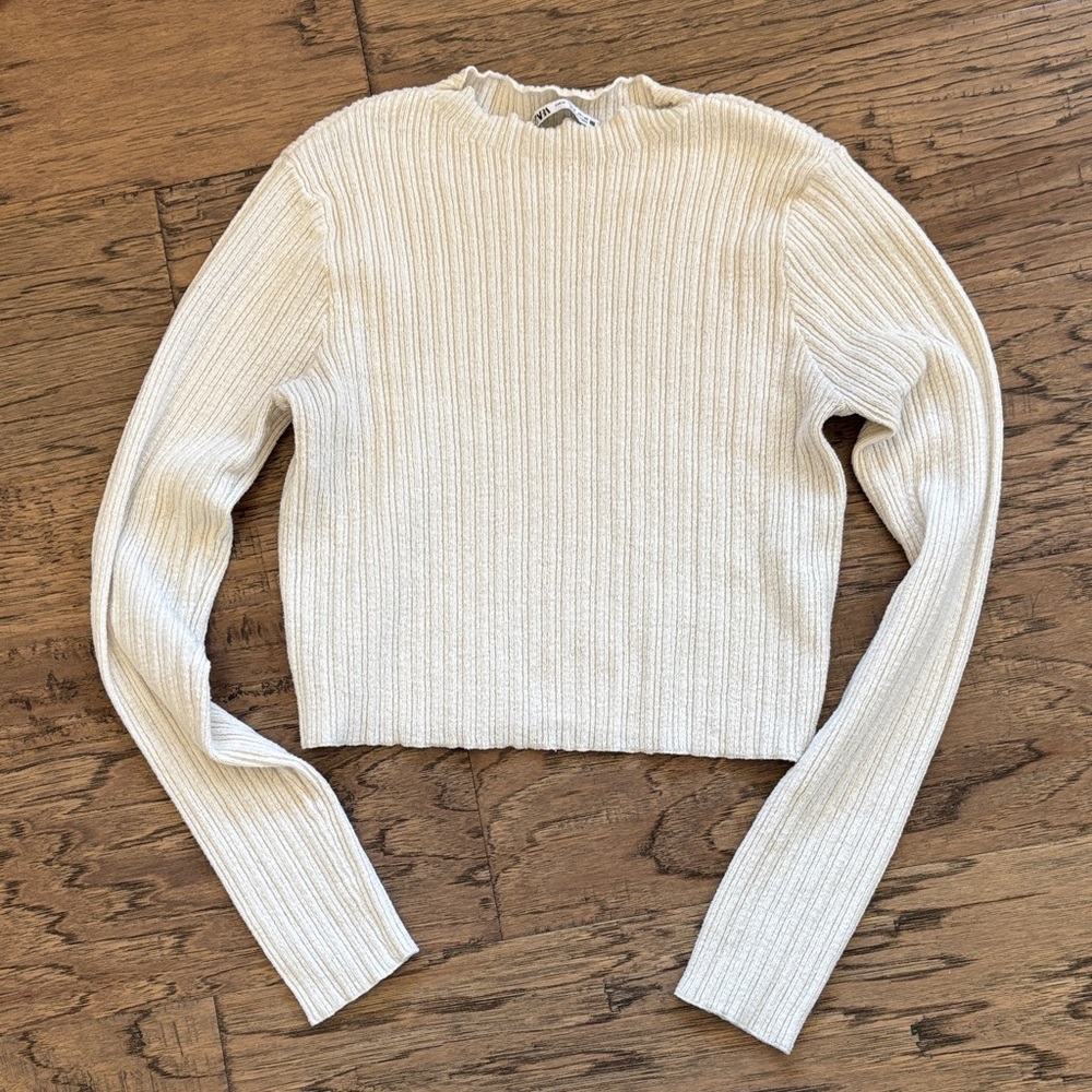Cream Ribbed Long Sleeve Sweater